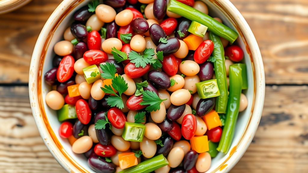 Refreshing Three Bean Salad Recipe A vibrant Three Bean Salad with kidney beans, chickpeas, green beans, and bell peppers in a bowl on a rustic wooden table.